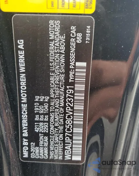 2012 BMW 128 I from USA, damaged, VIN WBAUP7C58CVP23791